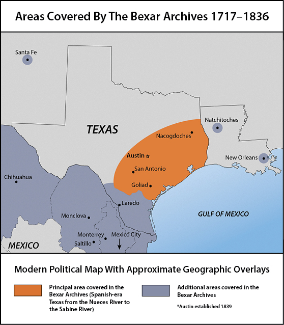 Map of areas covered by the Bexar Archives.