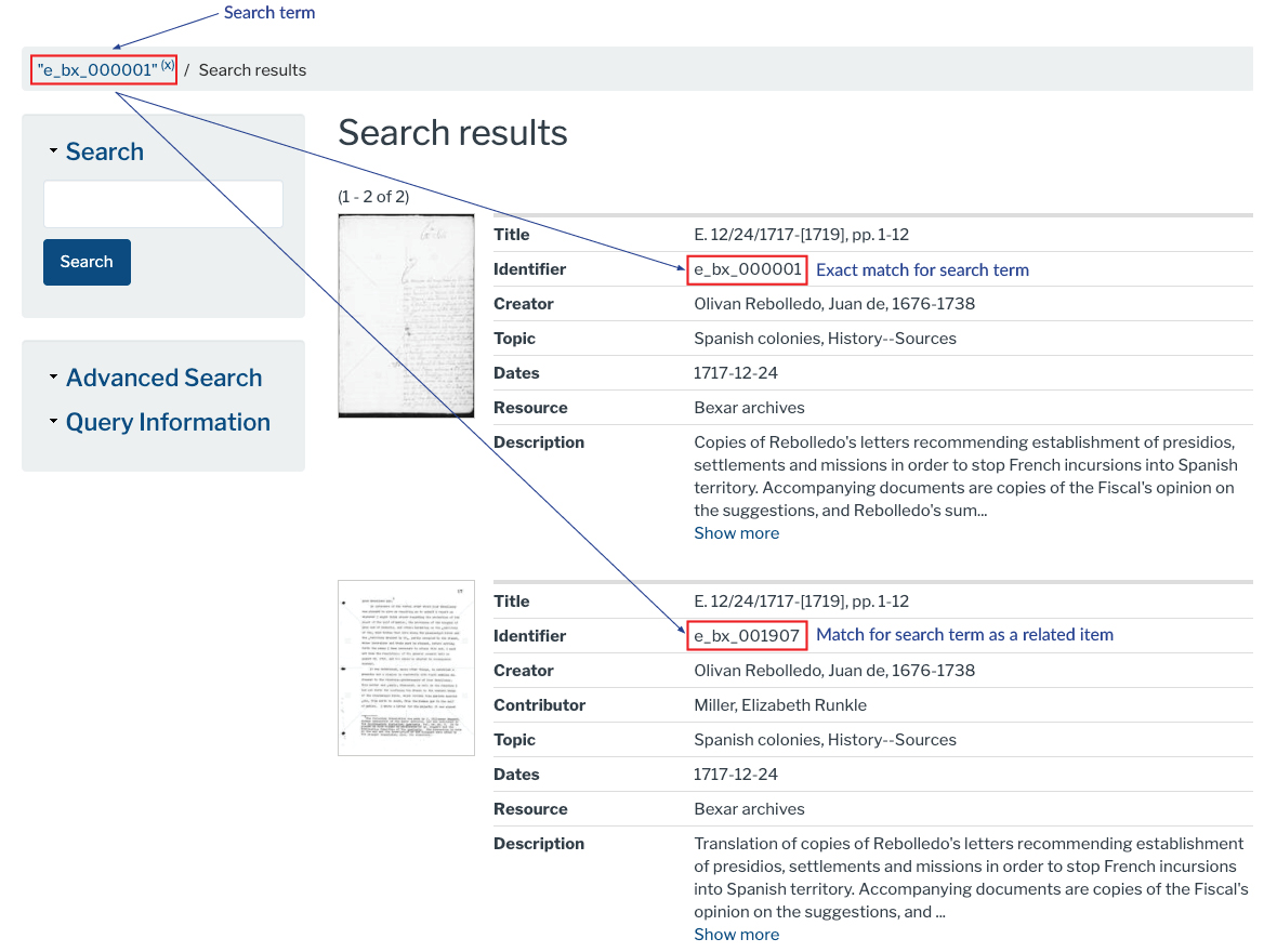 Bexar Archives Online related item search diagram