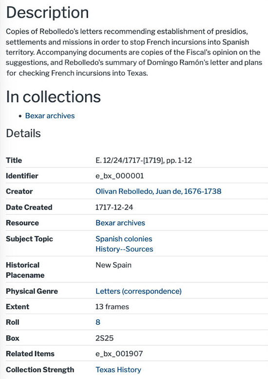 Bexar Archives Online metadata record display